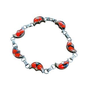 Vtg 950 Sterling Silver Red Black Ladybug Peruvian Huayruro Seed Link Bracelet